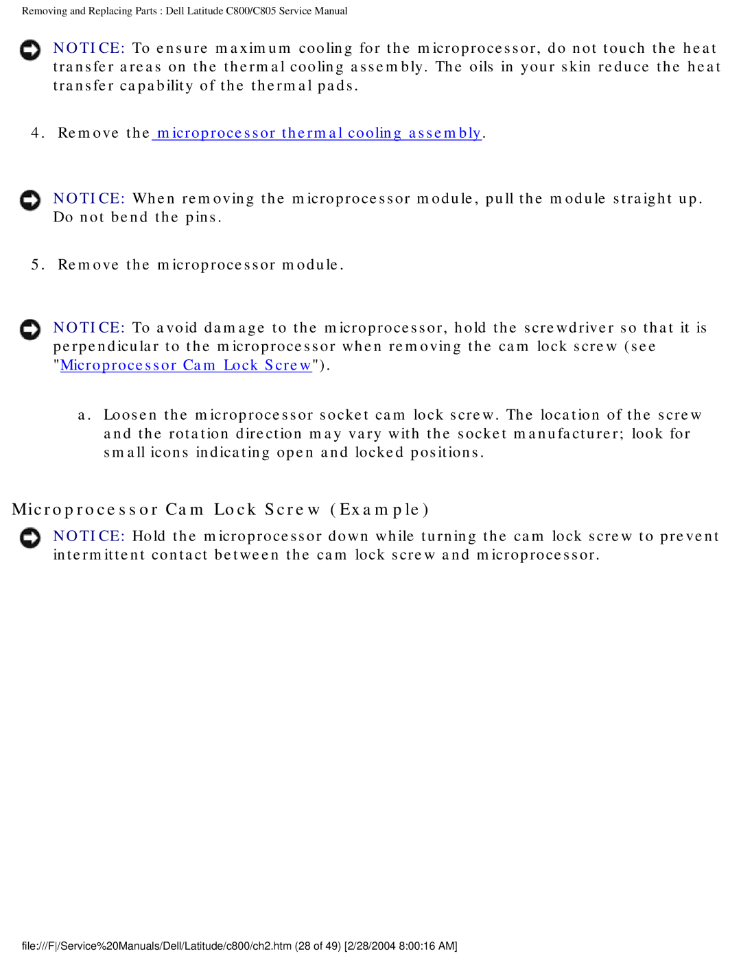 Dell C800 manual Microprocessor Cam Lock Screw Example, Remove the microprocessor thermal cooling assembly 