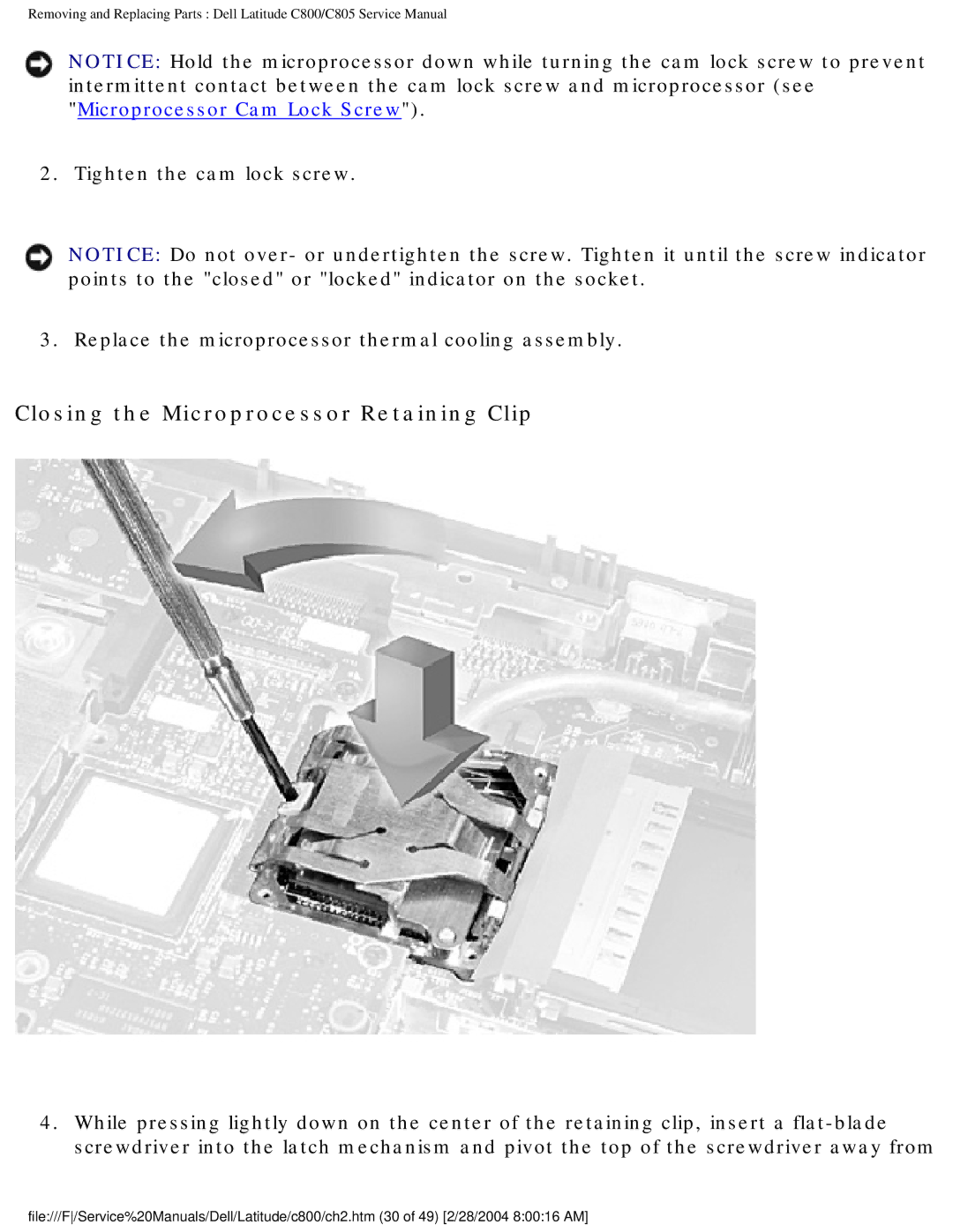 Dell C800 manual Closing the Microprocessor Retaining Clip 