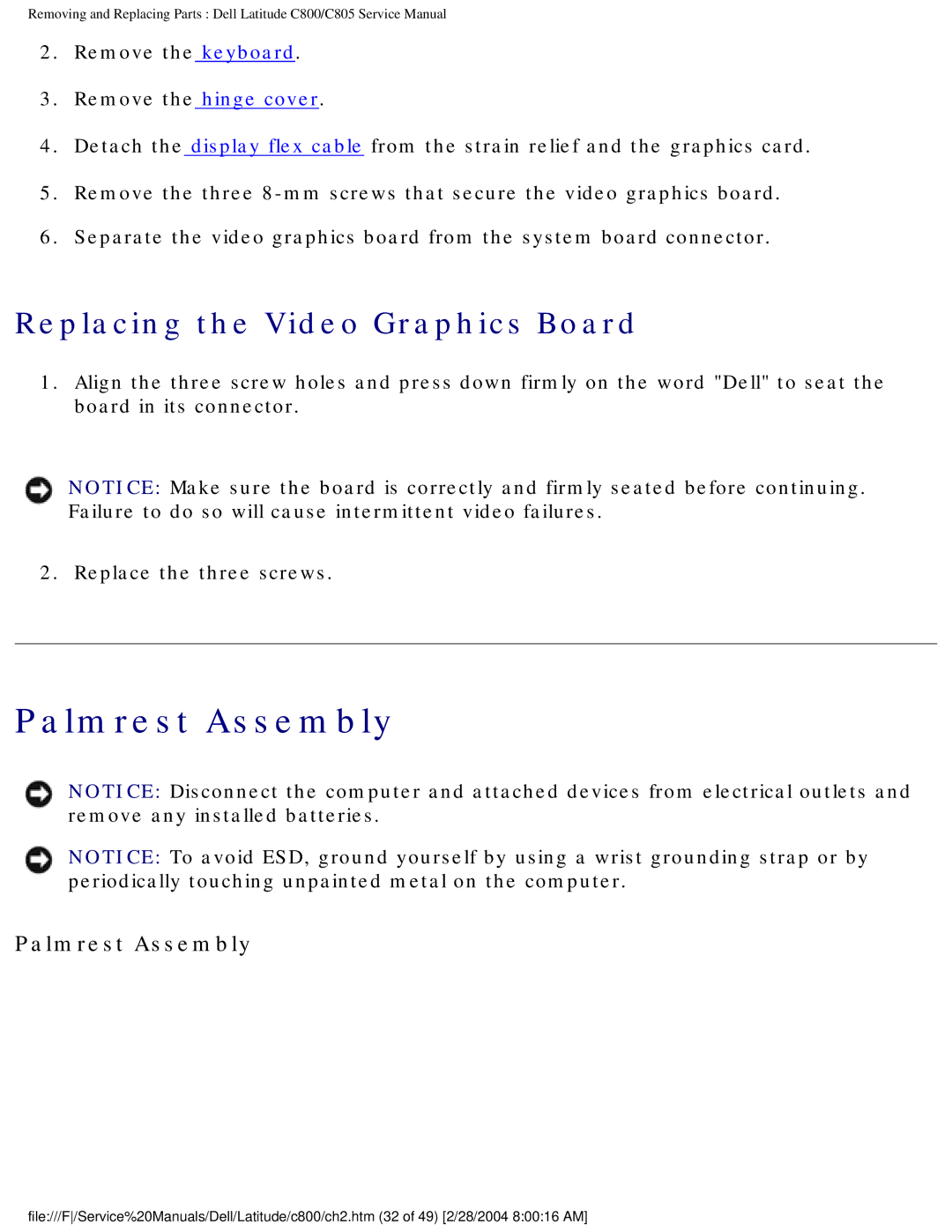 Dell C800 manual Palmrest Assembly, Replacing the Video Graphics Board 