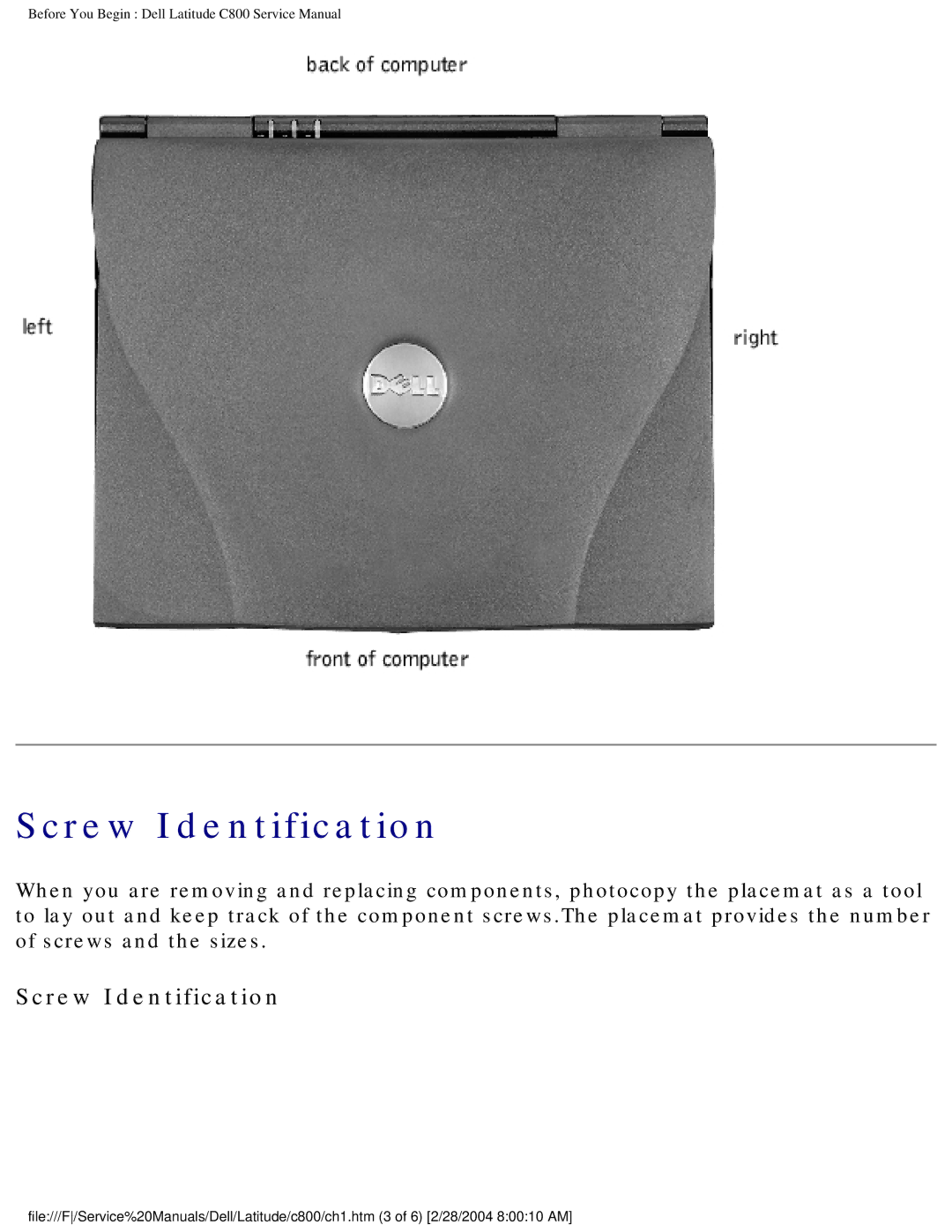 Dell C800 manual Screw Identification 