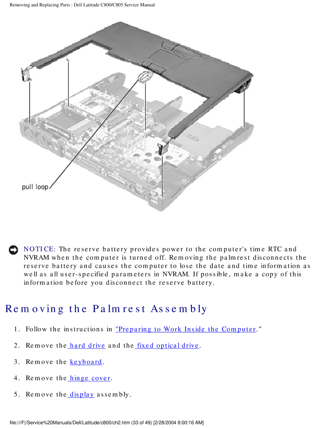 Dell C800 manual Removing the Palmrest Assembly 