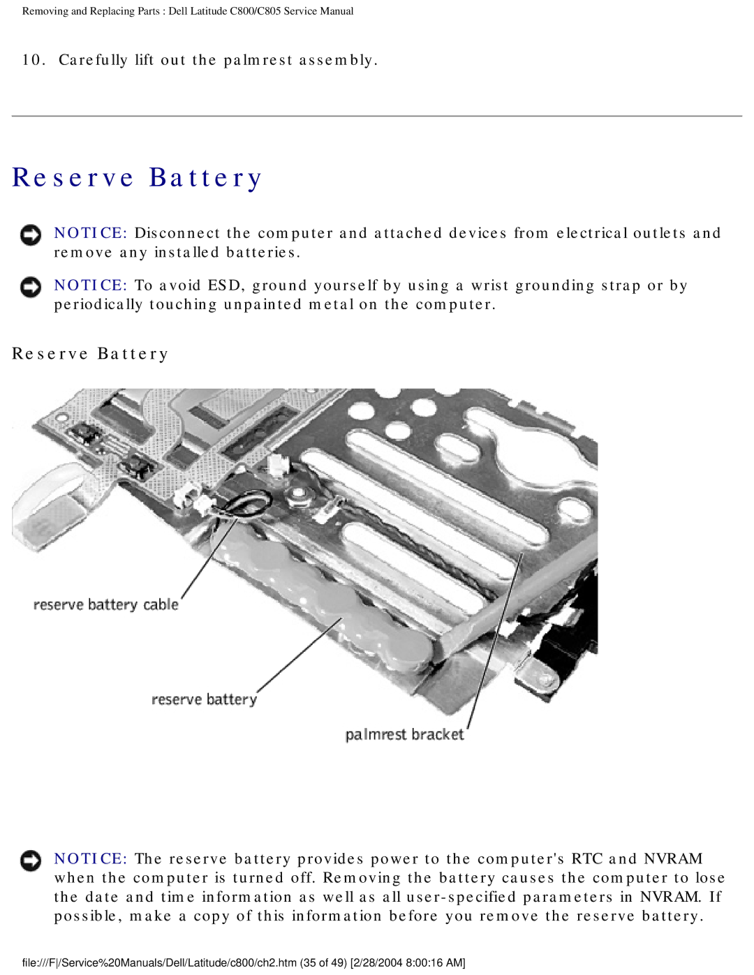 Dell C800 manual Reserve Battery 