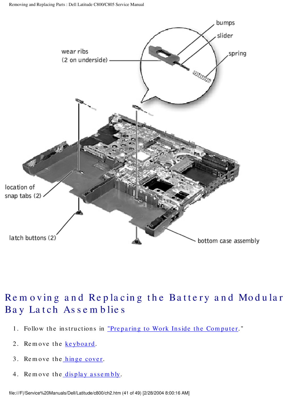 Dell C800 manual Remove the display assembly 