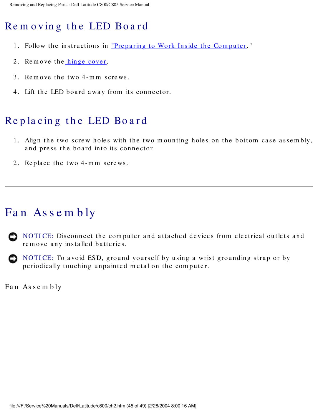 Dell C800 manual Fan Assembly, Removing the LED Board, Replacing the LED Board 