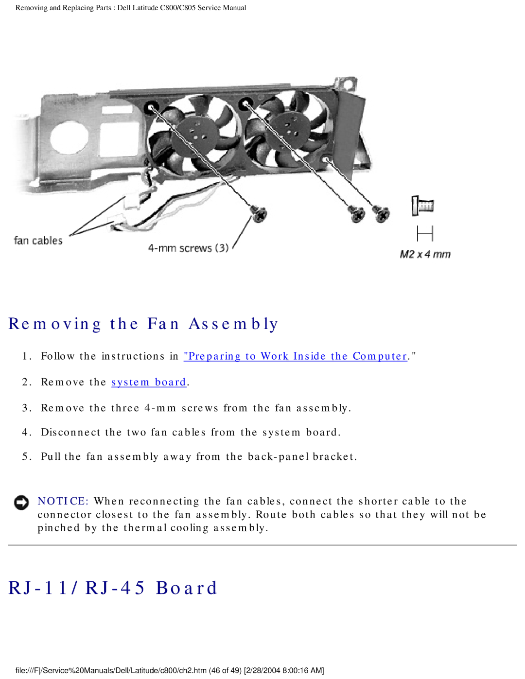 Dell C800 manual RJ-11/RJ-45 Board, Removing the Fan Assembly 