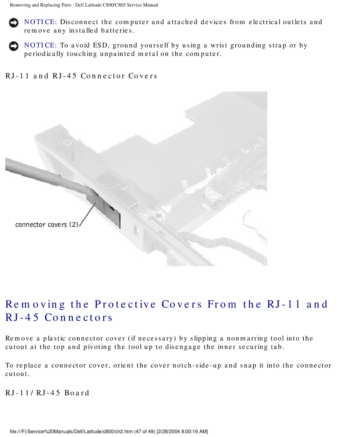 Dell C800 manual RJ-11 and RJ-45 Connector Covers, RJ-11/RJ-45 Board 