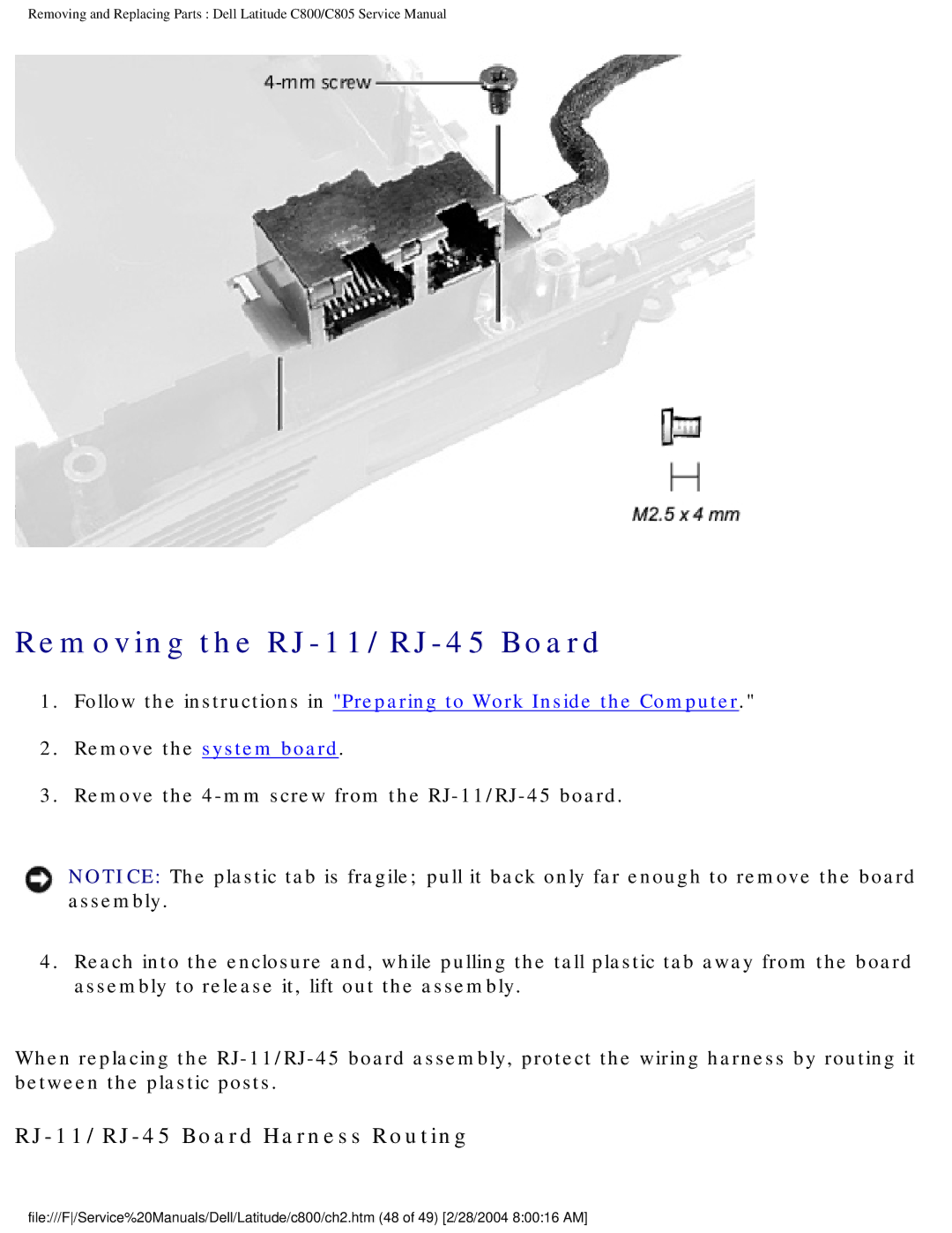 Dell C800 manual Removing the RJ-11/RJ-45 Board, RJ-11/RJ-45 Board Harness Routing 