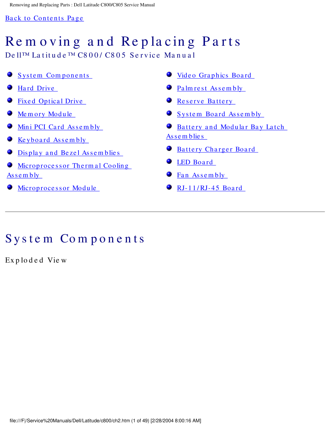 Dell C800 manual System Components, Exploded View 