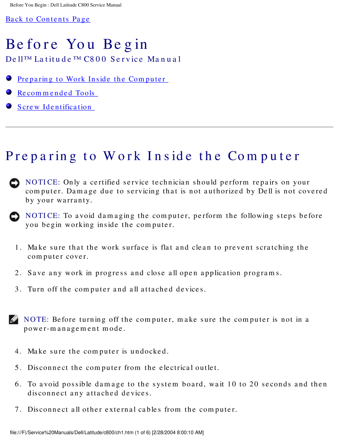 Dell C800 service manual Before You Begin, Preparing to Work Inside the Computer 