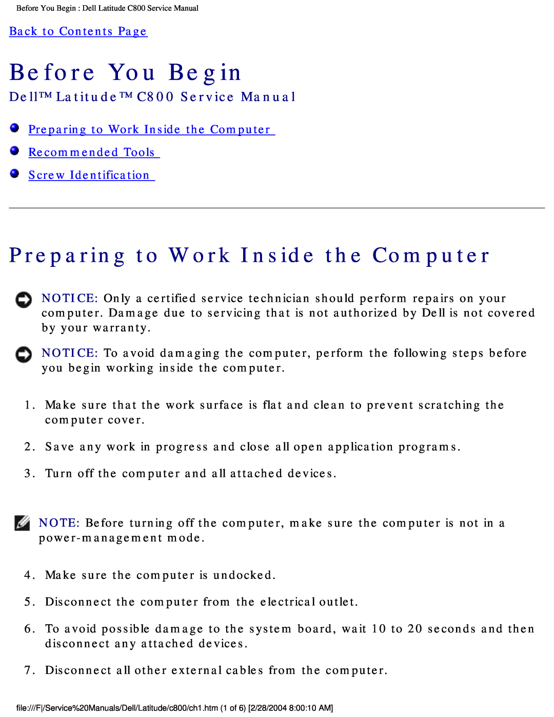 Dell service manual Before You Begin, Preparing to Work Inside the Computer, Dell Latitude C800 Service Manual 