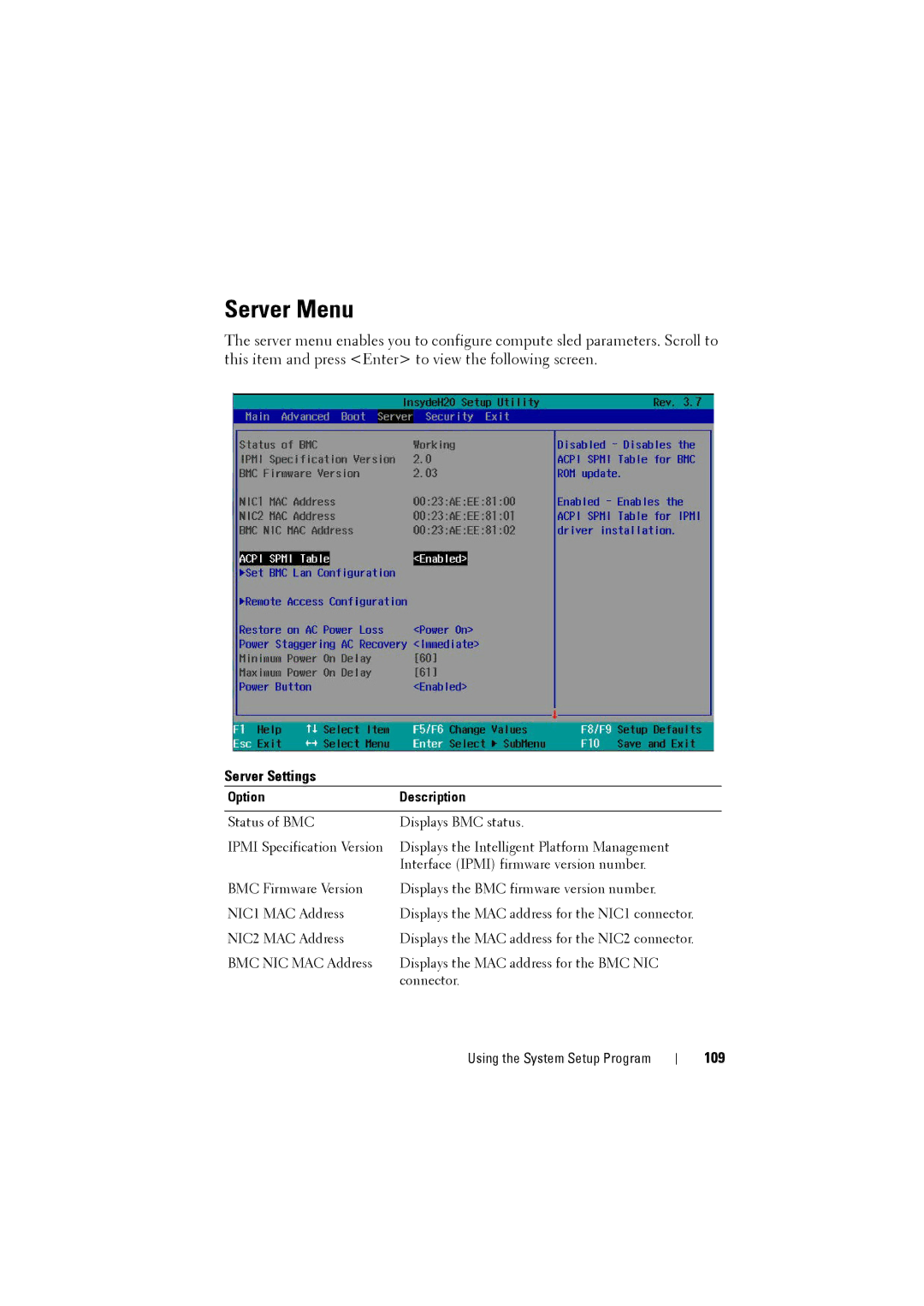 Dell C8000 owner manual Server Menu, Server Settings, 109 