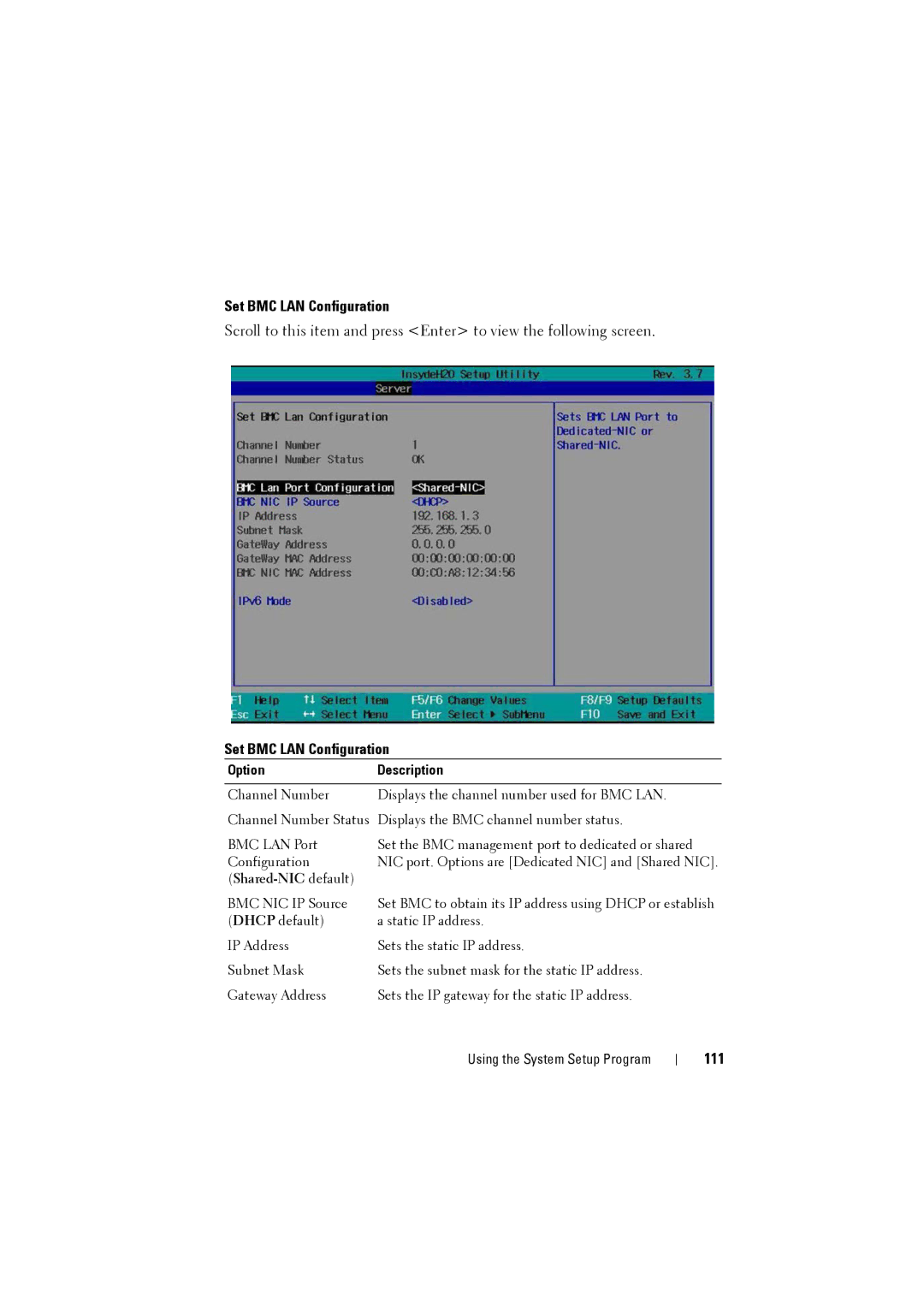 Dell C8000 owner manual Set BMC LAN Configuration, 111 