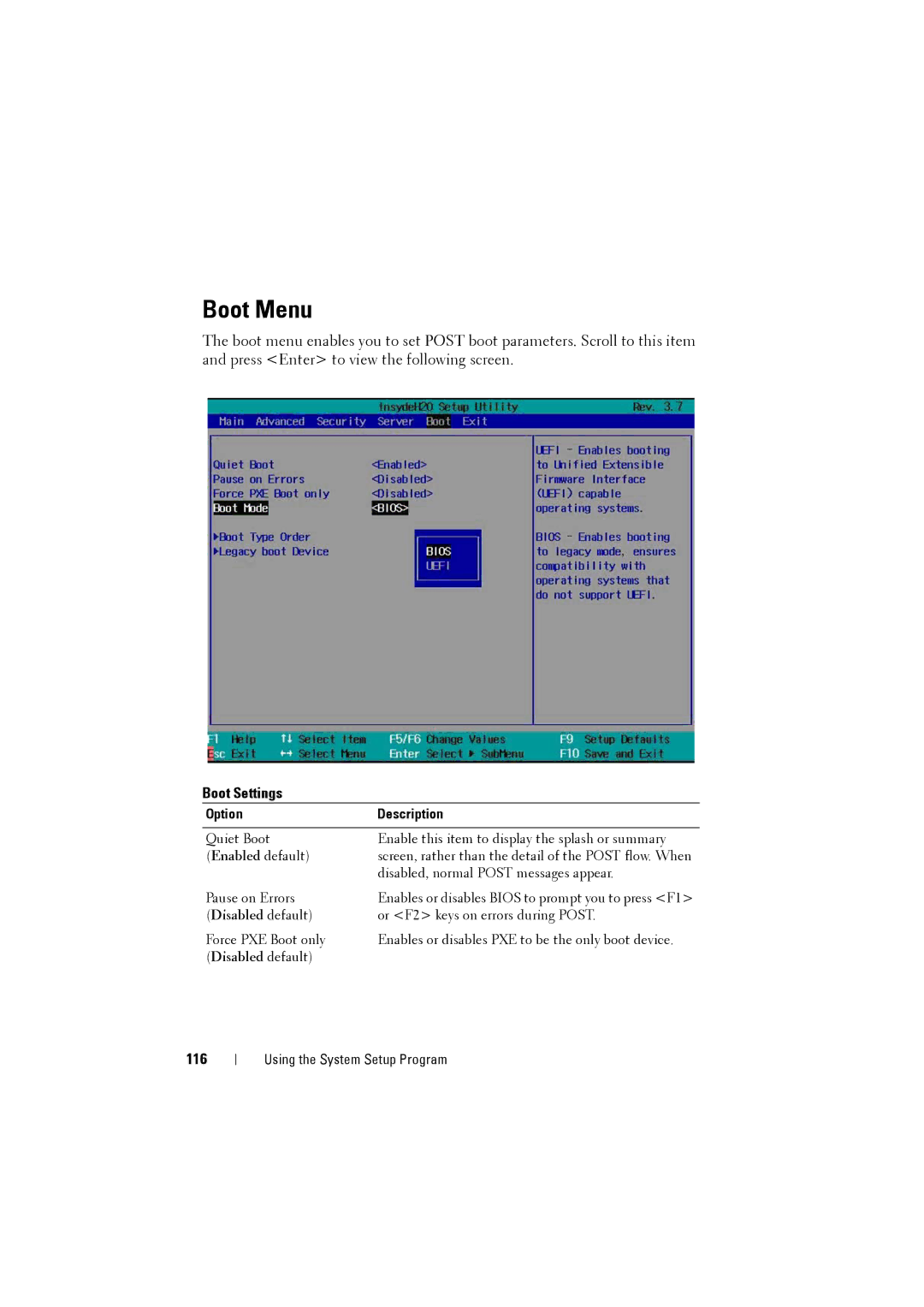 Dell C8000 owner manual Boot Menu, Boot Settings, 116 