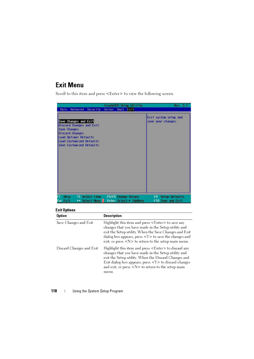 Dell C8000 owner manual Exit Menu, Exit Options, 118 