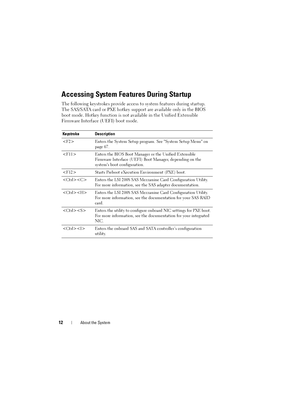 Dell C8000 owner manual Accessing System Features During Startup, Keystroke Description 