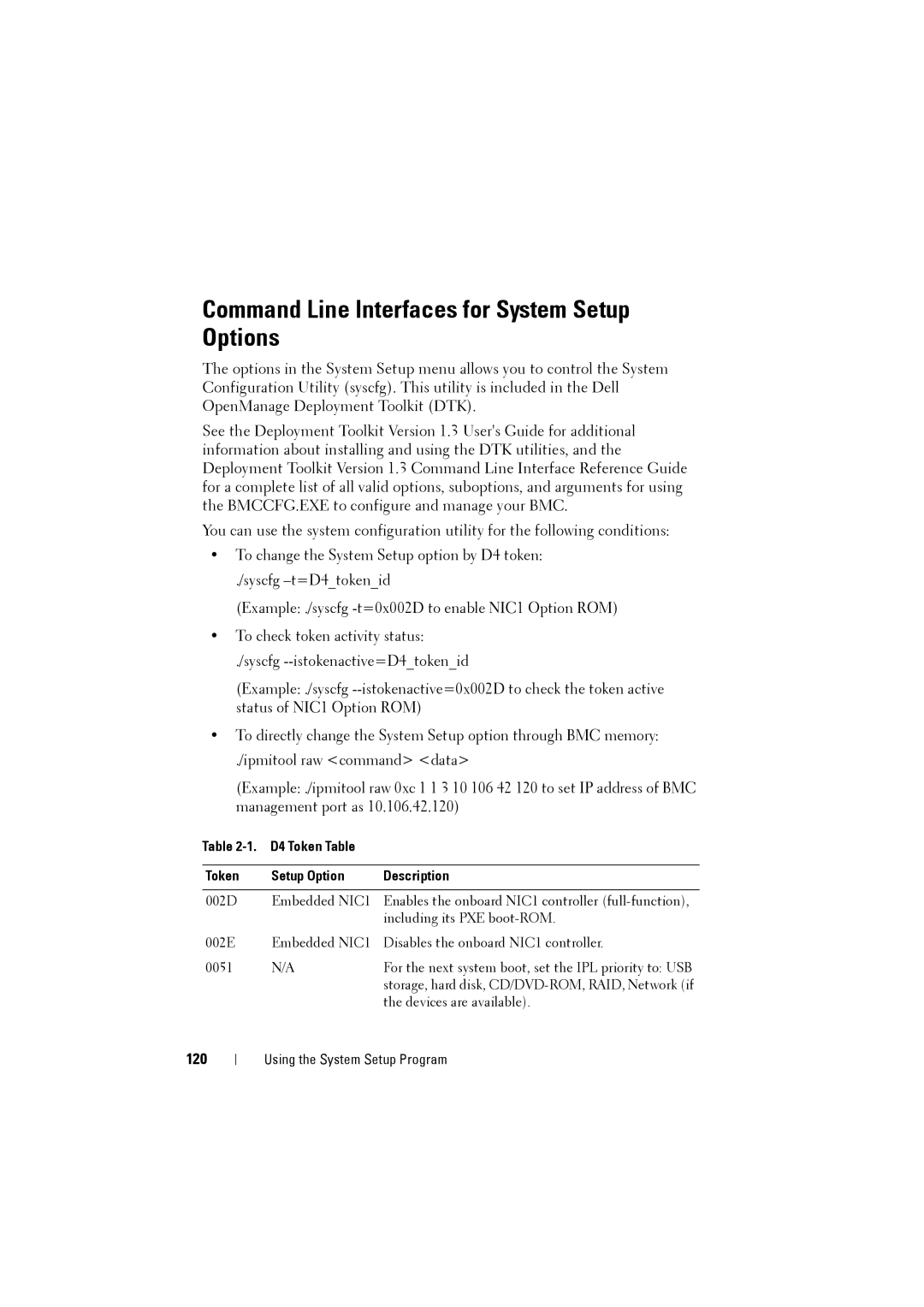 Dell C8000 owner manual Command Line Interfaces for System Setup Options, 120, D4 Token Table Setup Option Description 