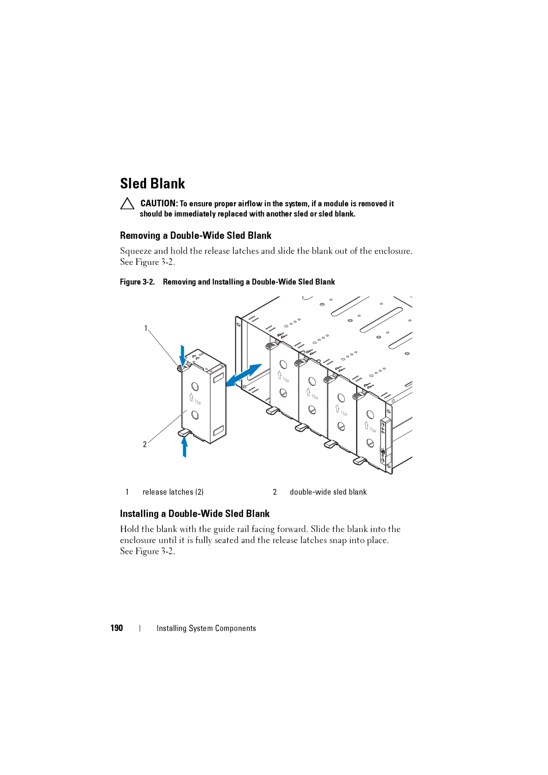 Dell C8000 owner manual Removing a Double-Wide Sled Blank, Installing a Double-Wide Sled Blank, 190 