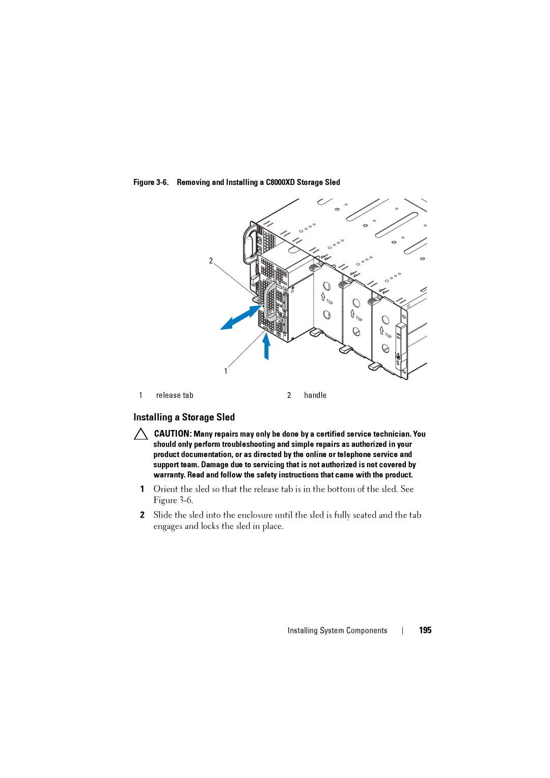 Dell C8000 owner manual Installing a Storage Sled, 195 