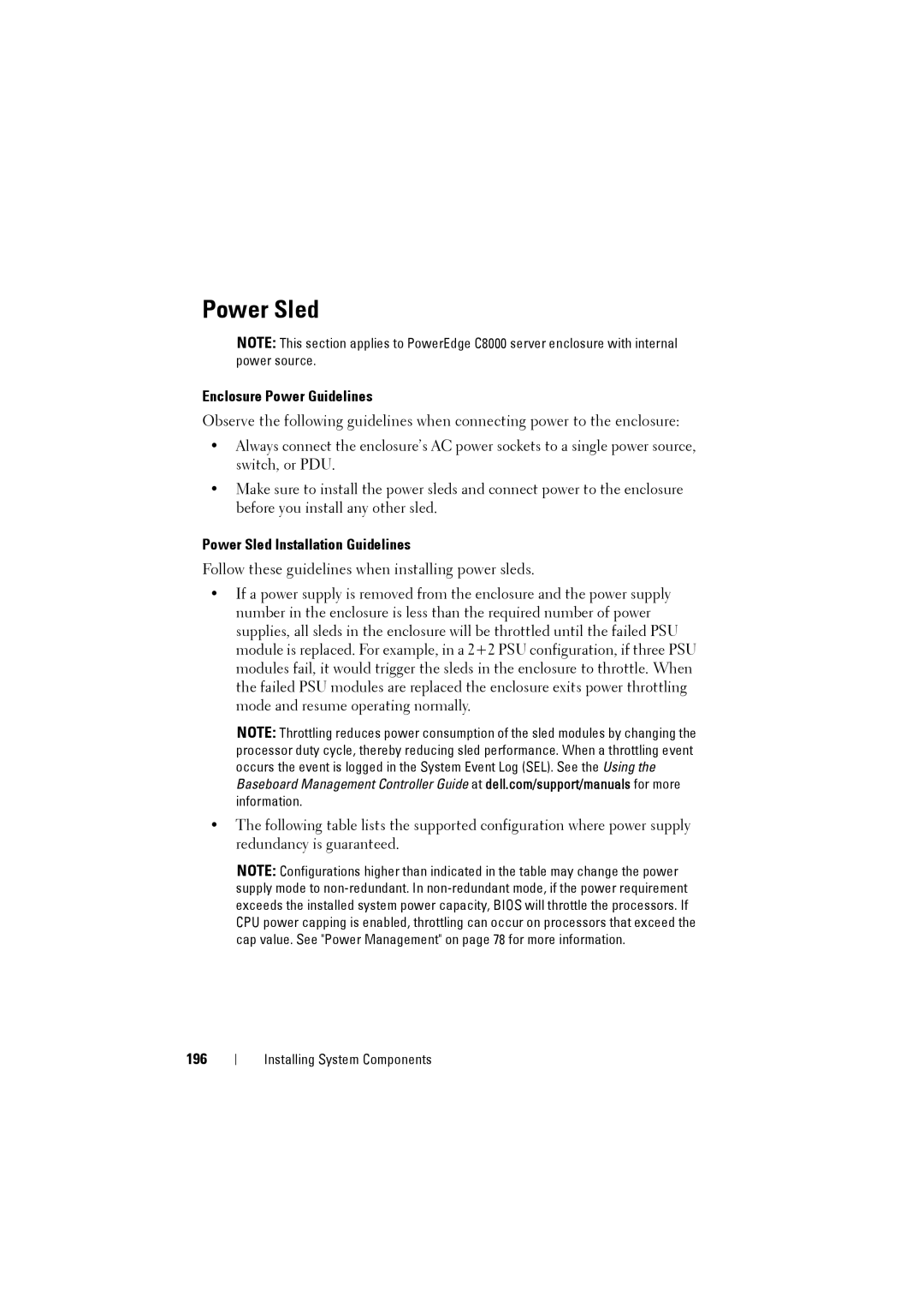 Dell C8000 owner manual Enclosure Power Guidelines, Power Sled Installation Guidelines, 196 