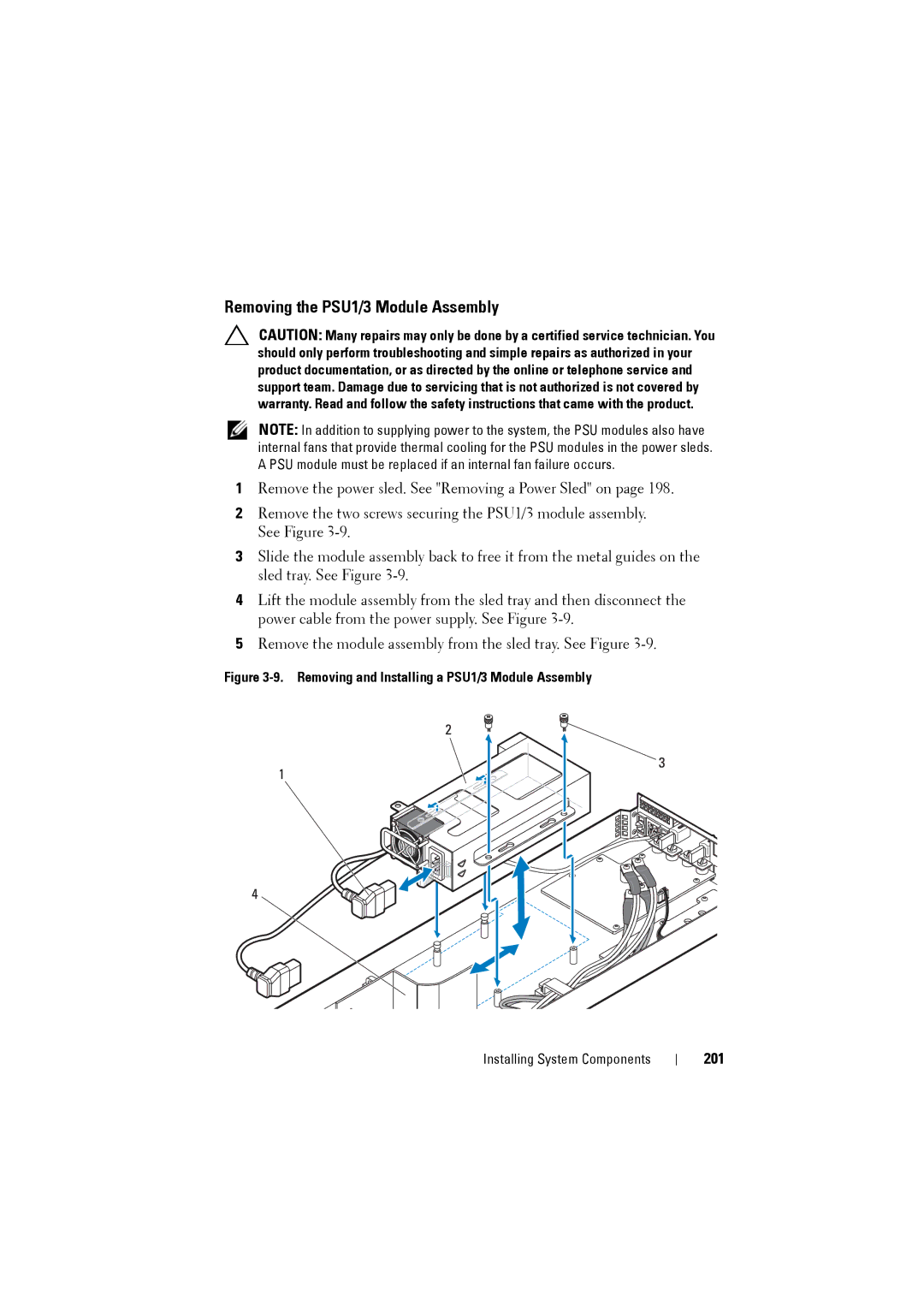 Dell C8000 owner manual Removing the PSU1/3 Module Assembly, 201 