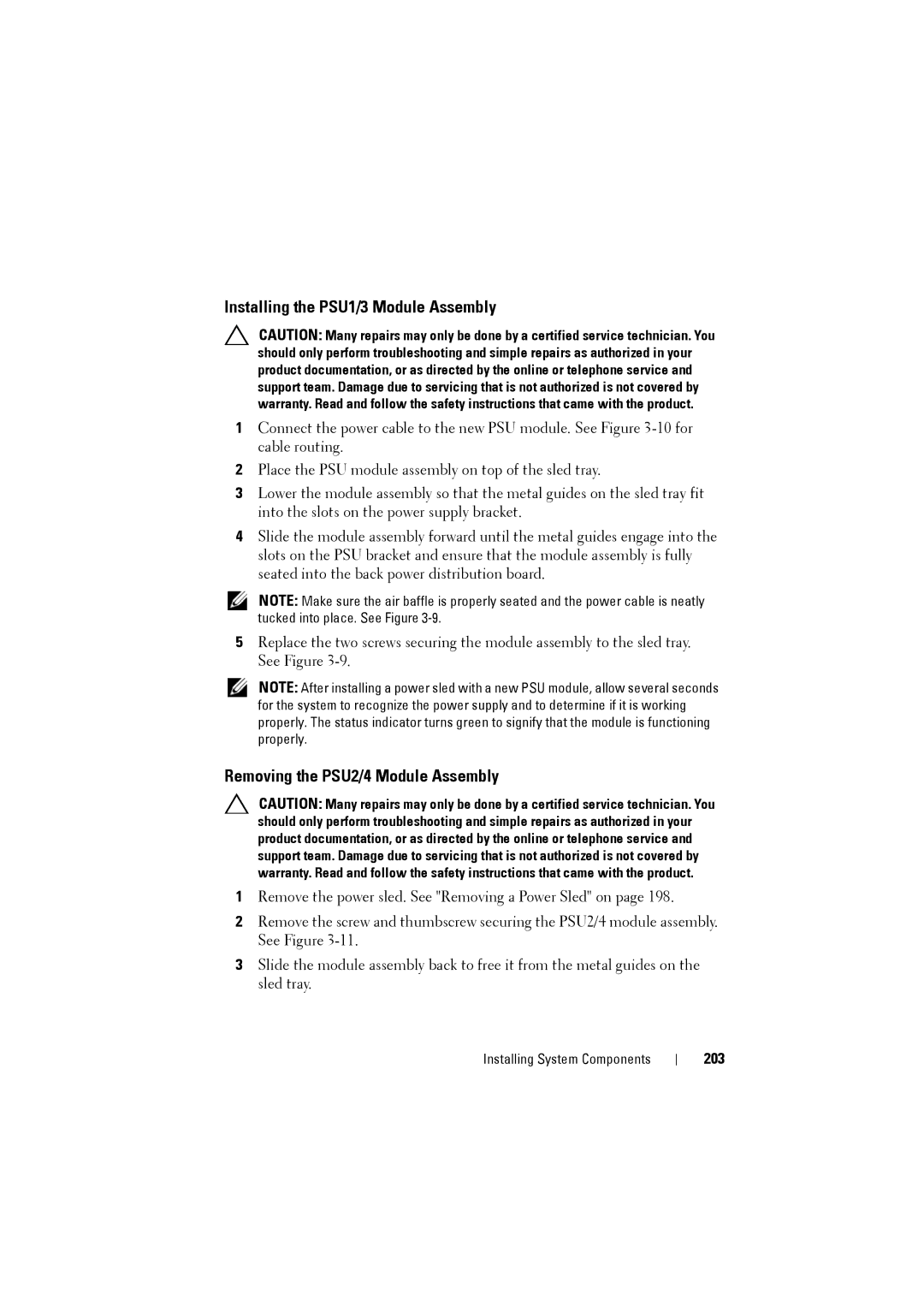 Dell C8000 owner manual Installing the PSU1/3 Module Assembly, Removing the PSU2/4 Module Assembly, 203 