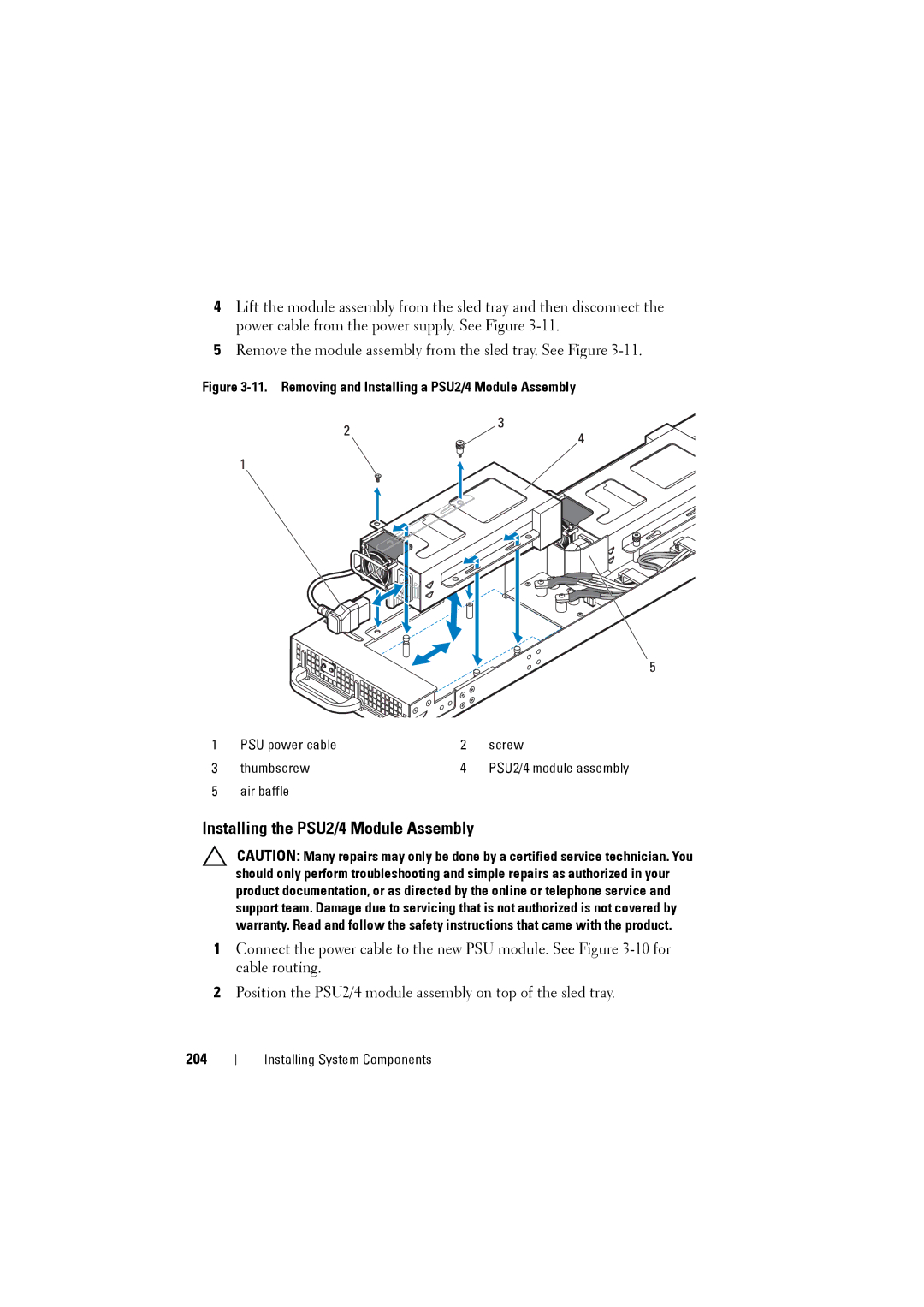 Dell C8000 owner manual Installing the PSU2/4 Module Assembly, 204 