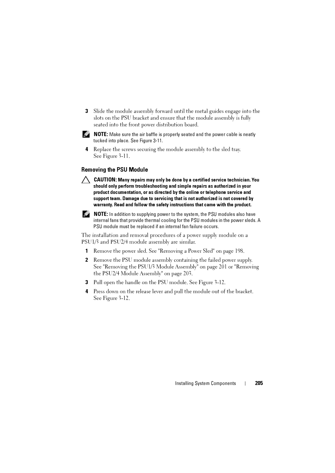 Dell C8000 owner manual Removing the PSU Module, 205 