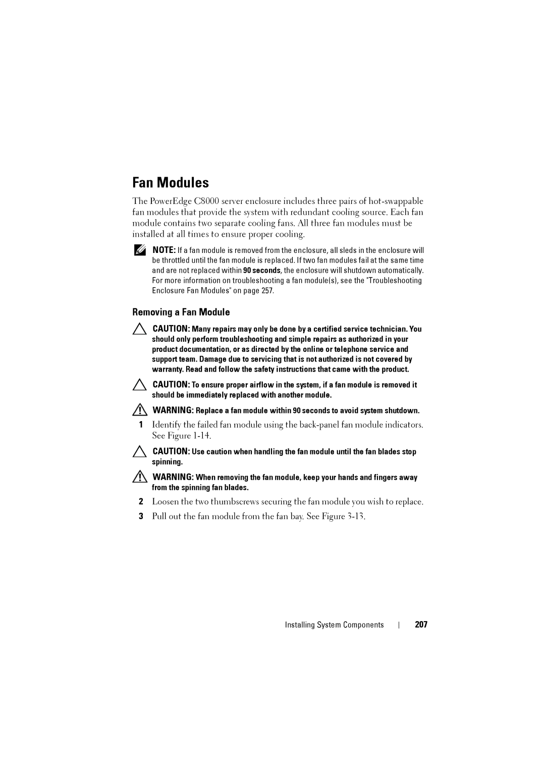 Dell C8000 owner manual Fan Modules, Removing a Fan Module, 207 