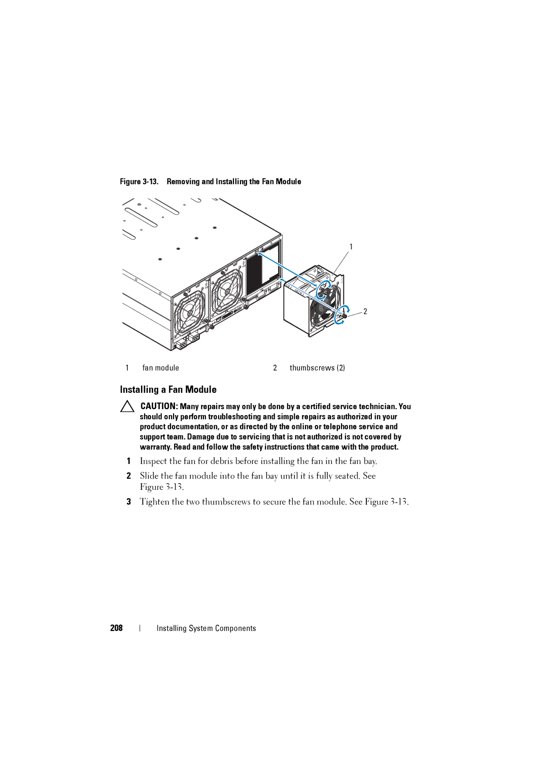 Dell C8000 owner manual Installing a Fan Module, 208 