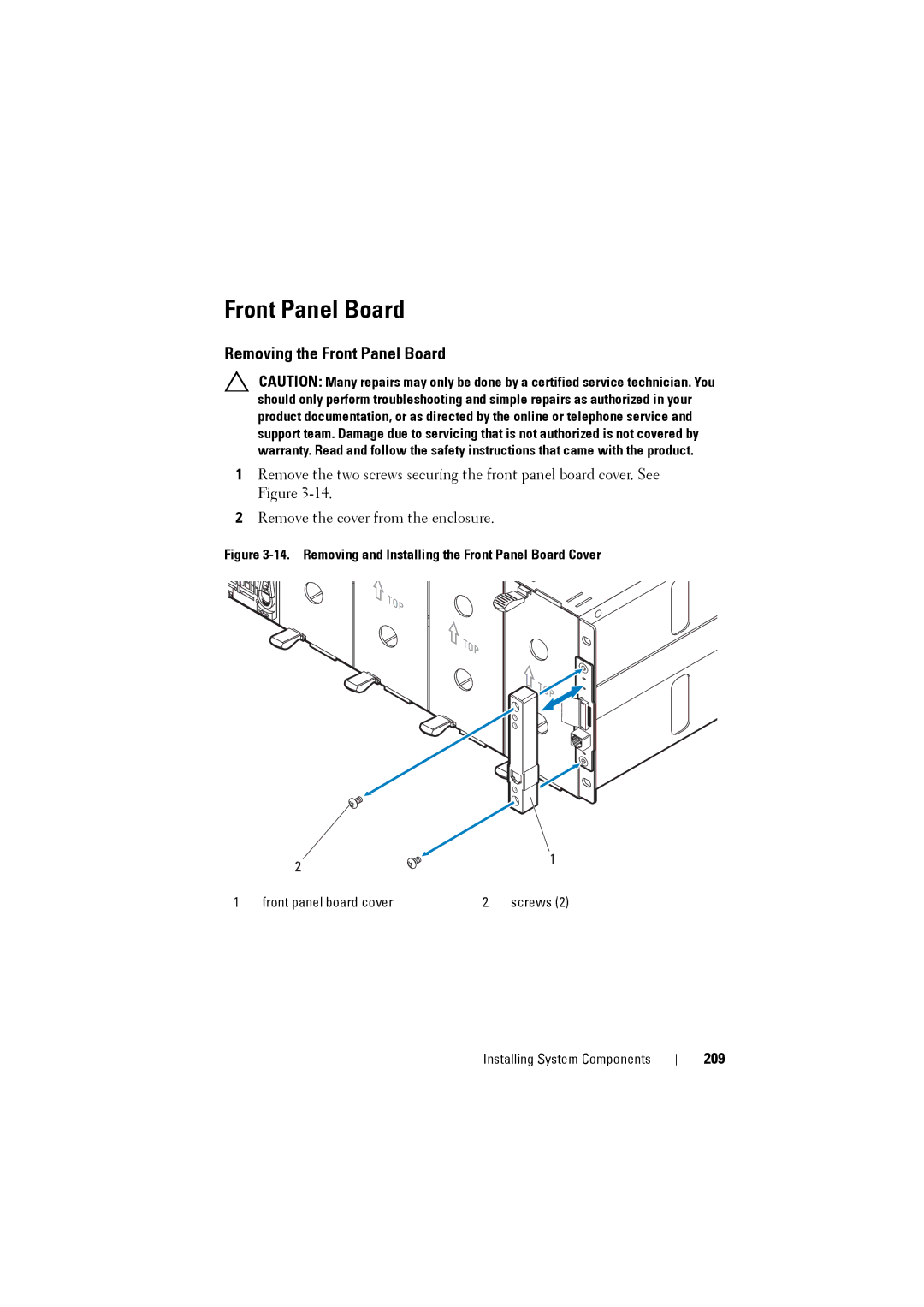 Dell C8000 owner manual Removing the Front Panel Board, 209 