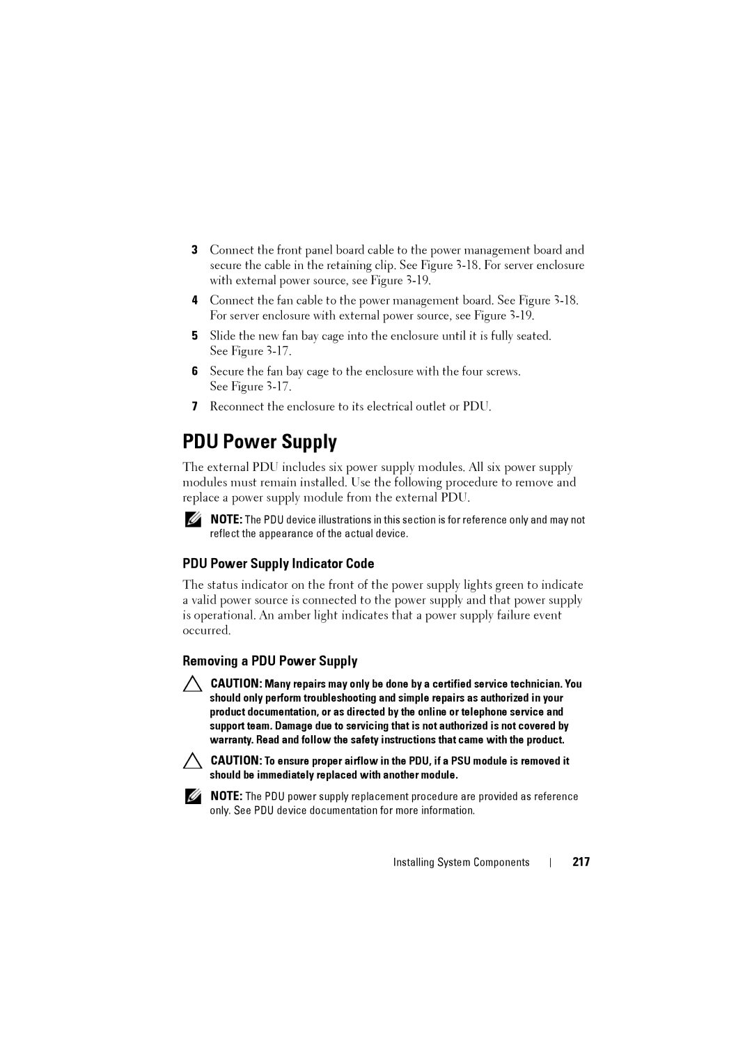 Dell C8000 owner manual PDU Power Supply Indicator Code, Removing a PDU Power Supply, 217 