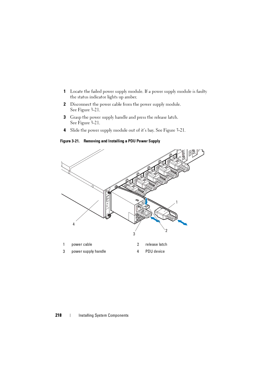 Dell C8000 owner manual 218, Removing and Installing a PDU Power Supply 