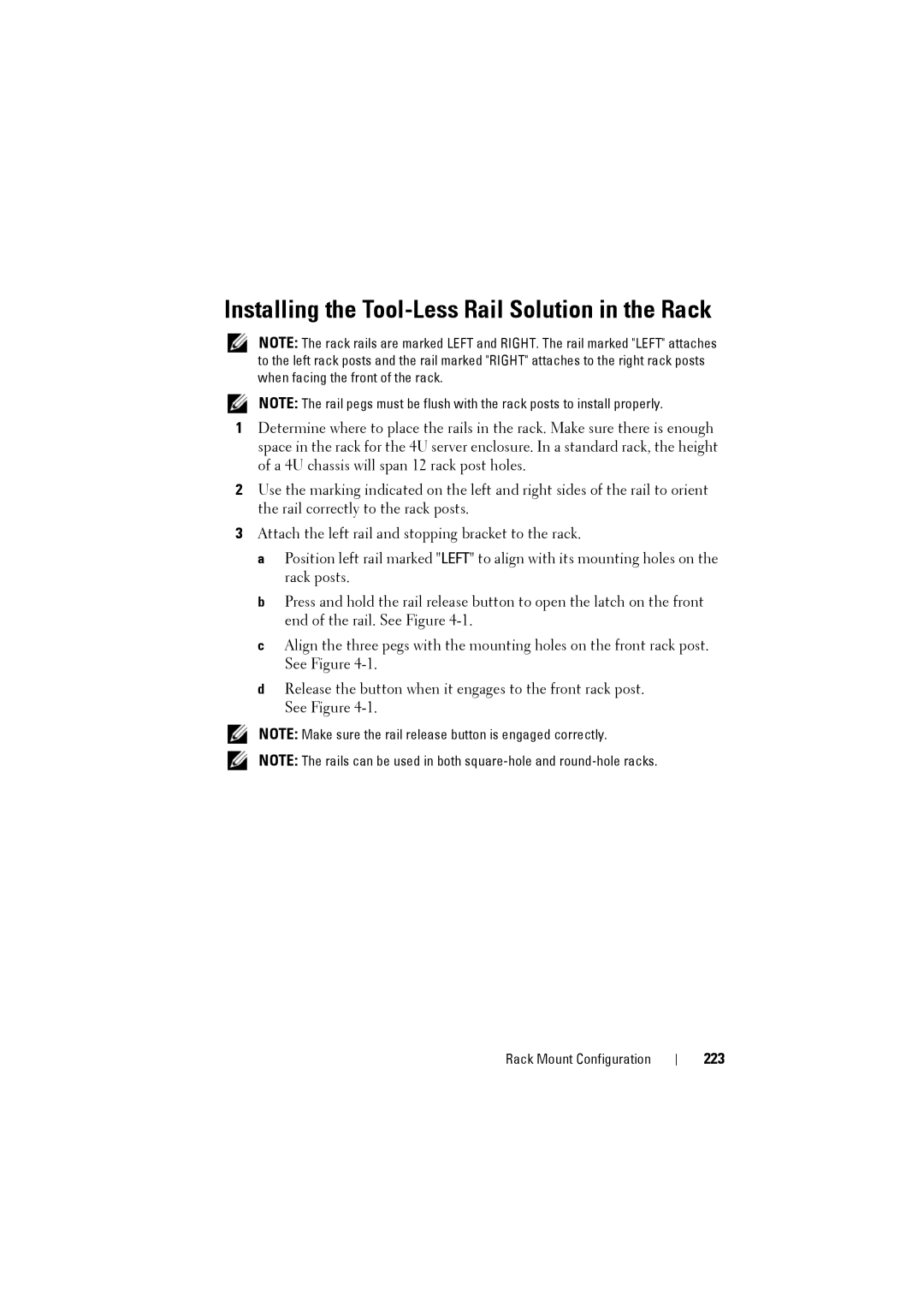 Dell C8000 owner manual Installing the Tool-Less Rail Solution in the Rack, 223 