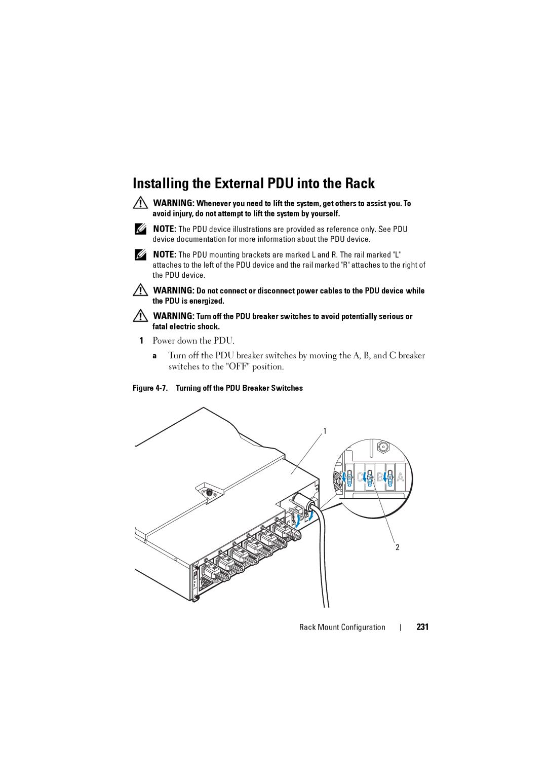 Dell C8000 owner manual Installing the External PDU into the Rack, 231 