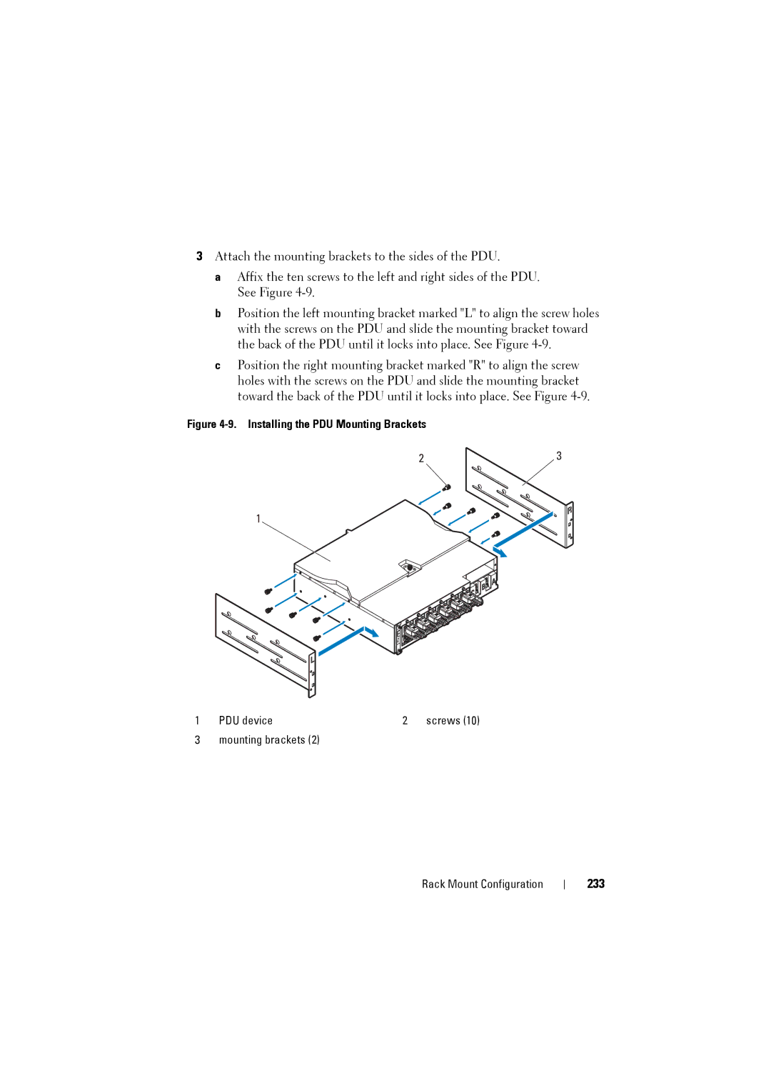 Dell C8000 owner manual 233, Installing the PDU Mounting Brackets 