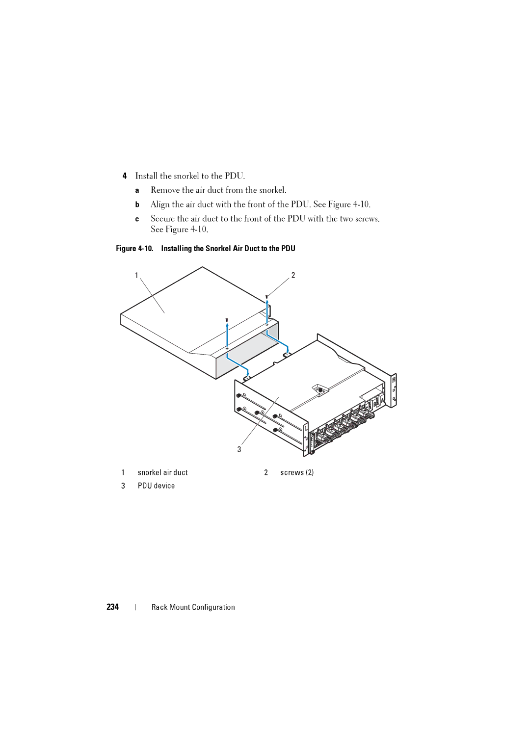 Dell C8000 owner manual 234, Installing the Snorkel Air Duct to the PDU 