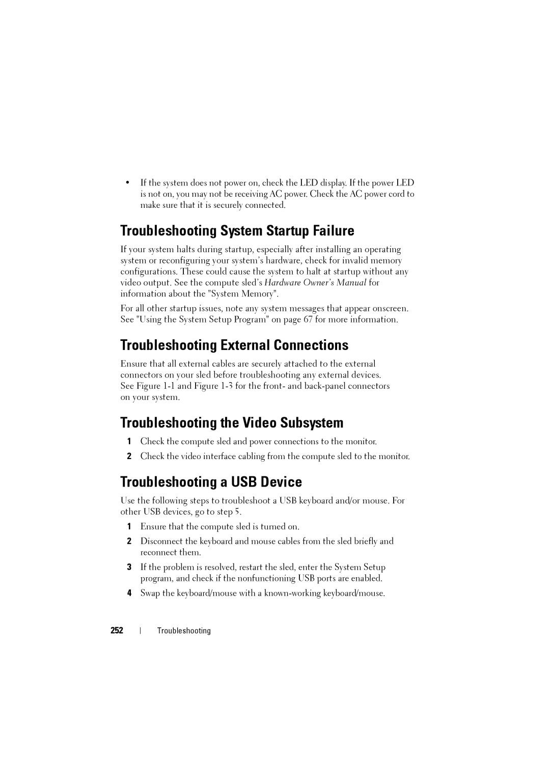 Dell C8000 Troubleshooting System Startup Failure, Troubleshooting External Connections, Troubleshooting a USB Device, 252 