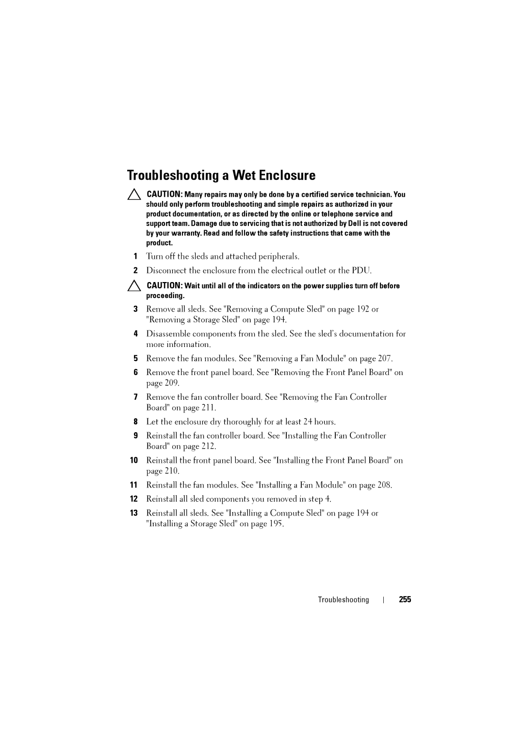 Dell C8000 owner manual Troubleshooting a Wet Enclosure, 255 