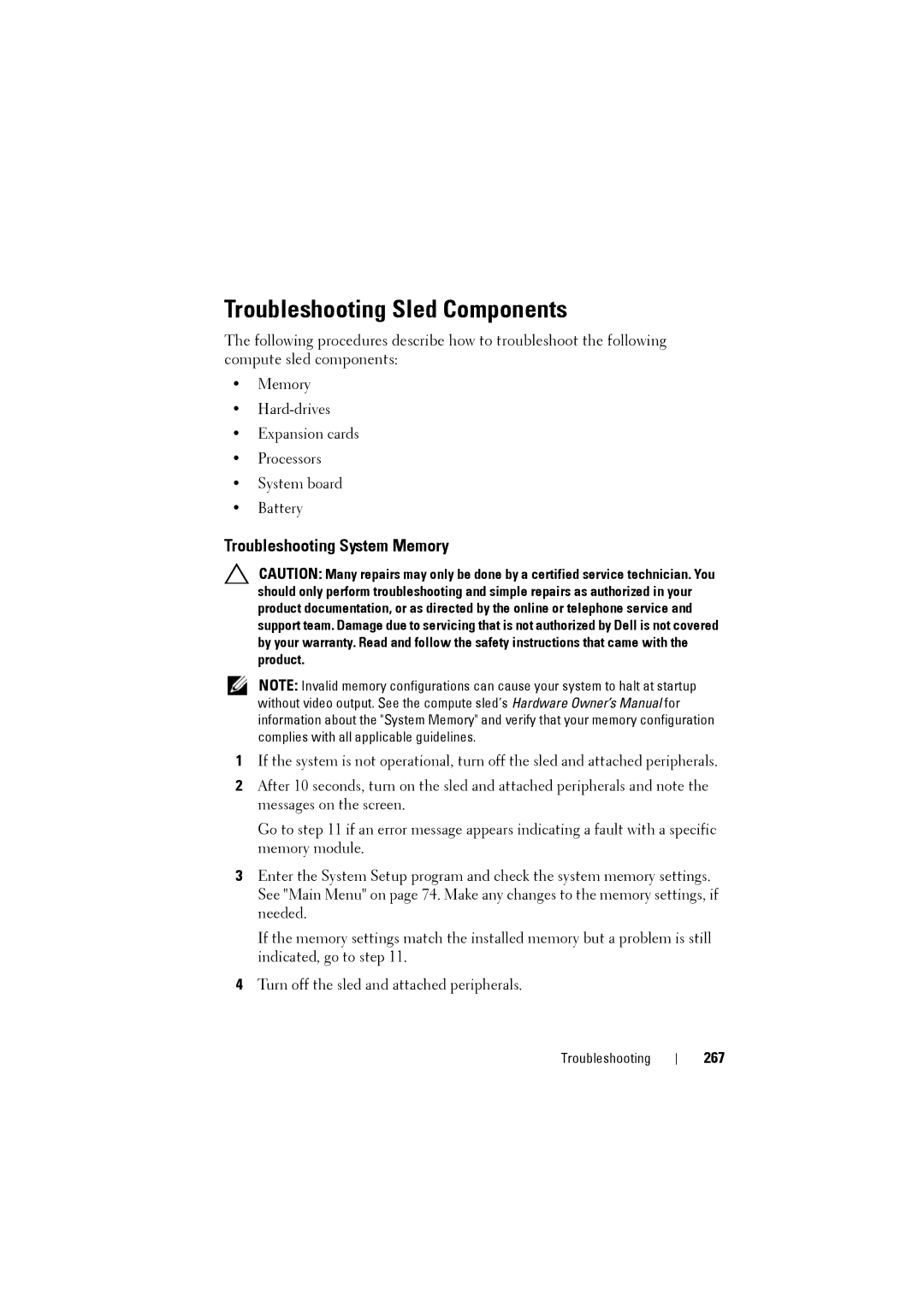 Dell C8000 owner manual Troubleshooting Sled Components, Troubleshooting System Memory, 267 