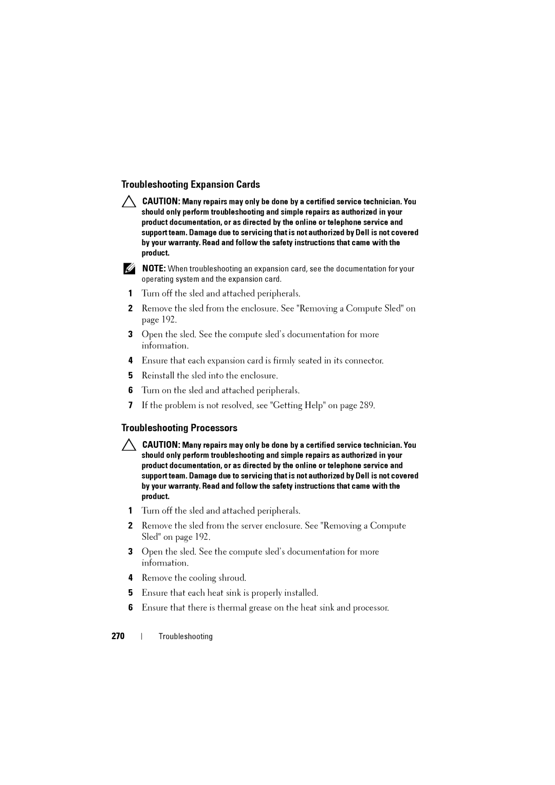 Dell C8000 owner manual Troubleshooting Expansion Cards, Troubleshooting Processors, 270 