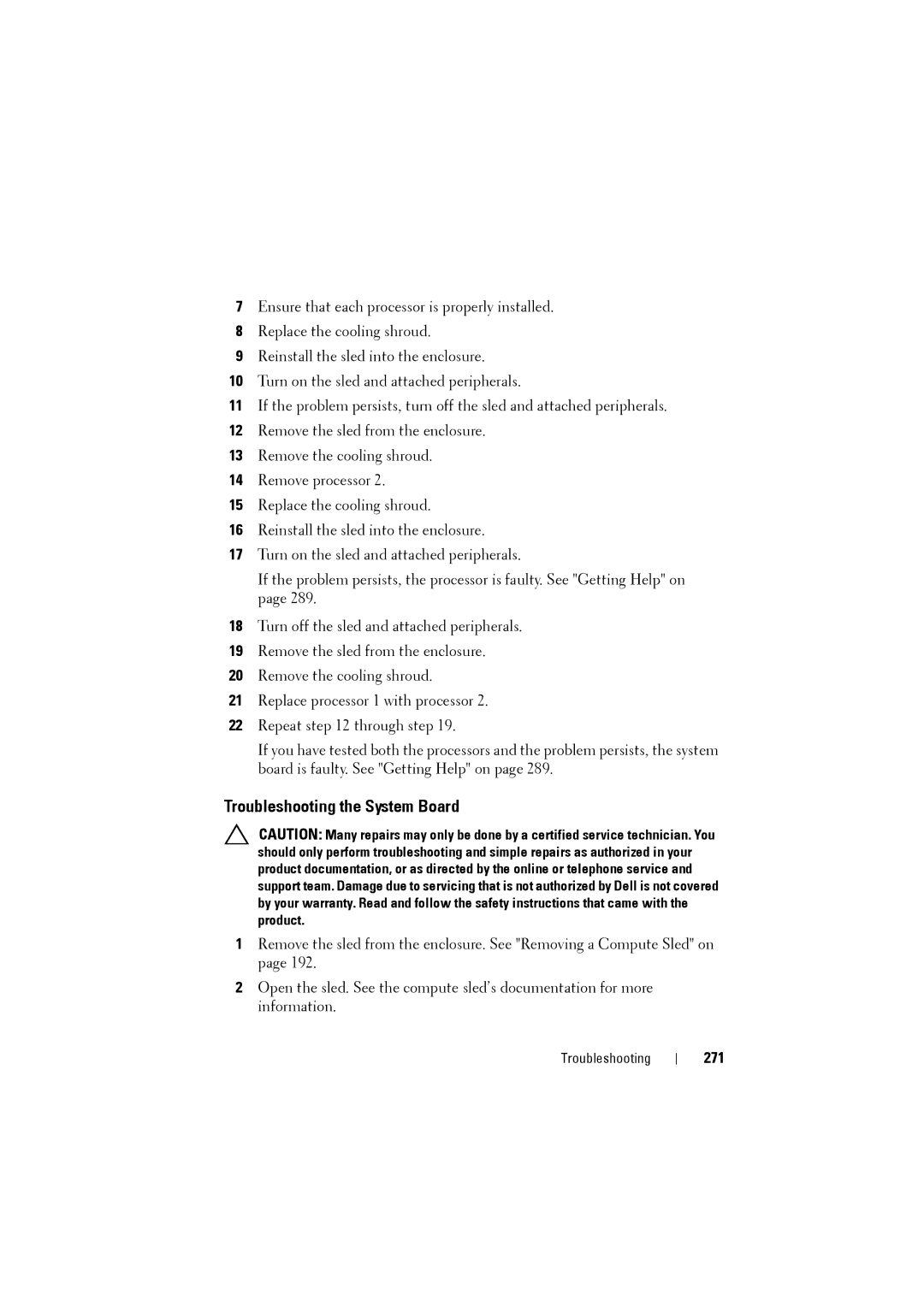 Dell C8000 owner manual Troubleshooting the System Board, 271 