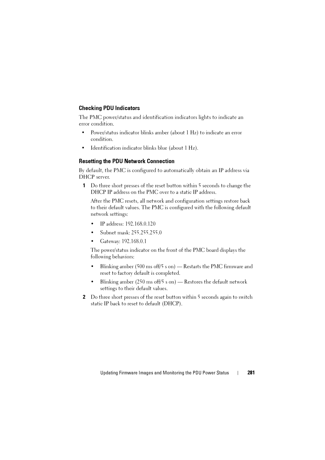 Dell C8000 owner manual Checking PDU Indicators, Resetting the PDU Network Connection, 281 