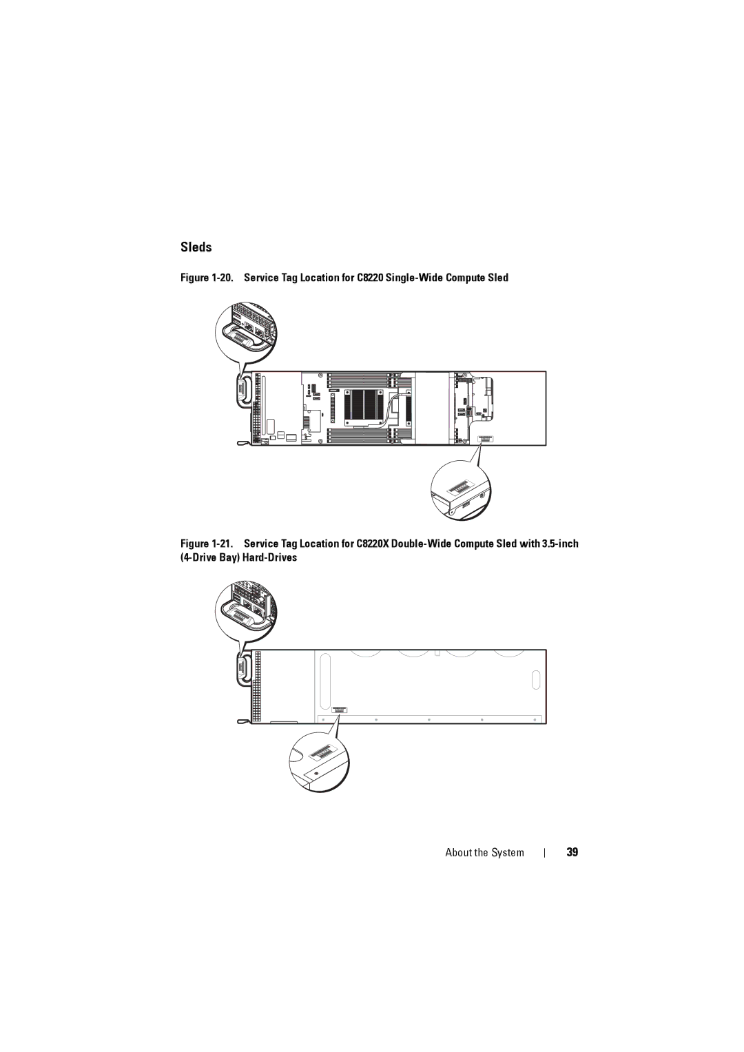 Dell C8000 owner manual Sleds, Service Tag Location for C8220 Single-Wide Compute Sled 