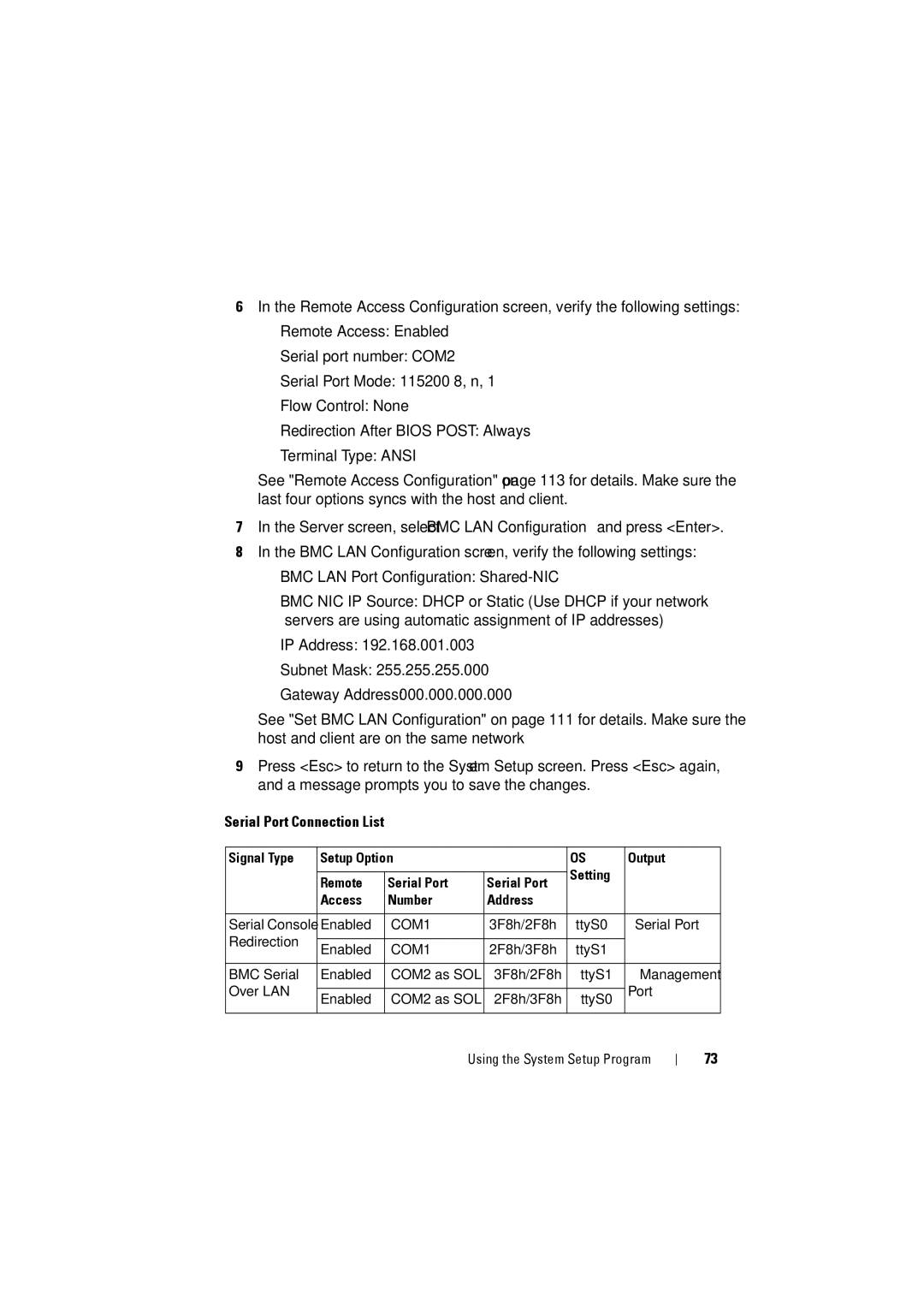 Dell C8000 owner manual Serial Port Connection List 