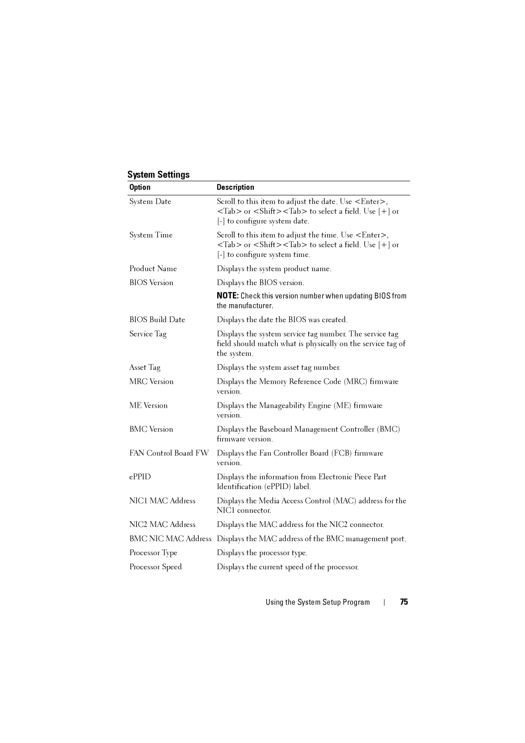 Dell C8000 owner manual System Settings, Option Description 