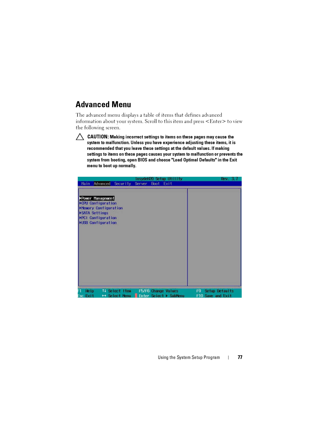 Dell C8000 owner manual Advanced Menu 