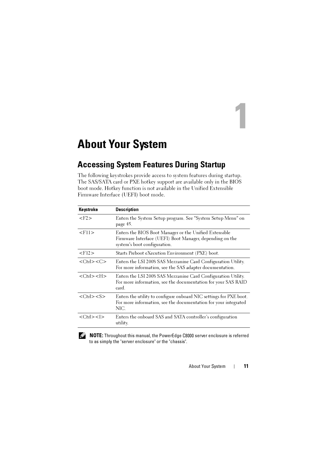 Dell C8220 owner manual Accessing System Features During Startup, Keystroke Description 