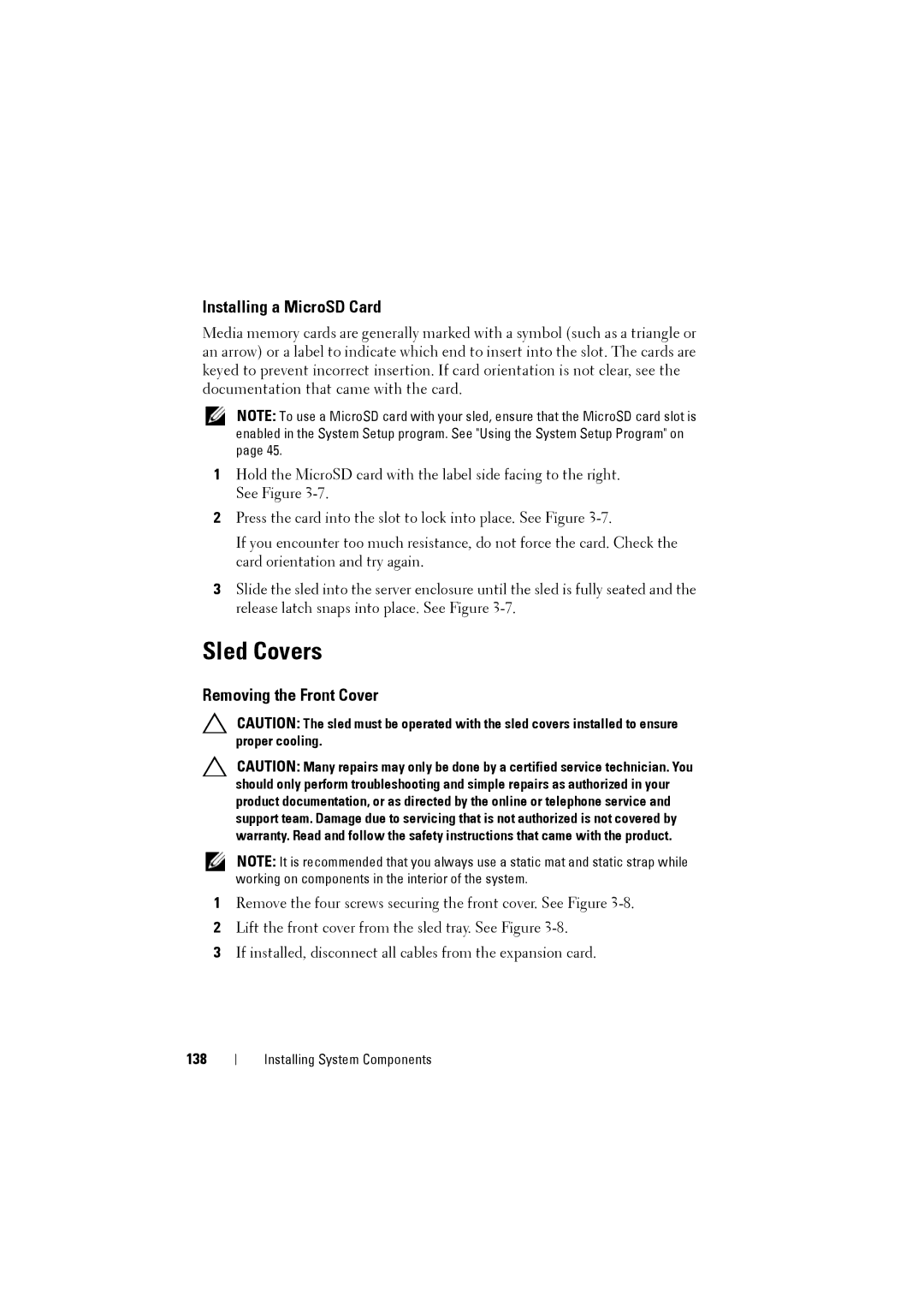 Dell C8220 owner manual Sled Covers, Installing a MicroSD Card, Removing the Front Cover, 138 