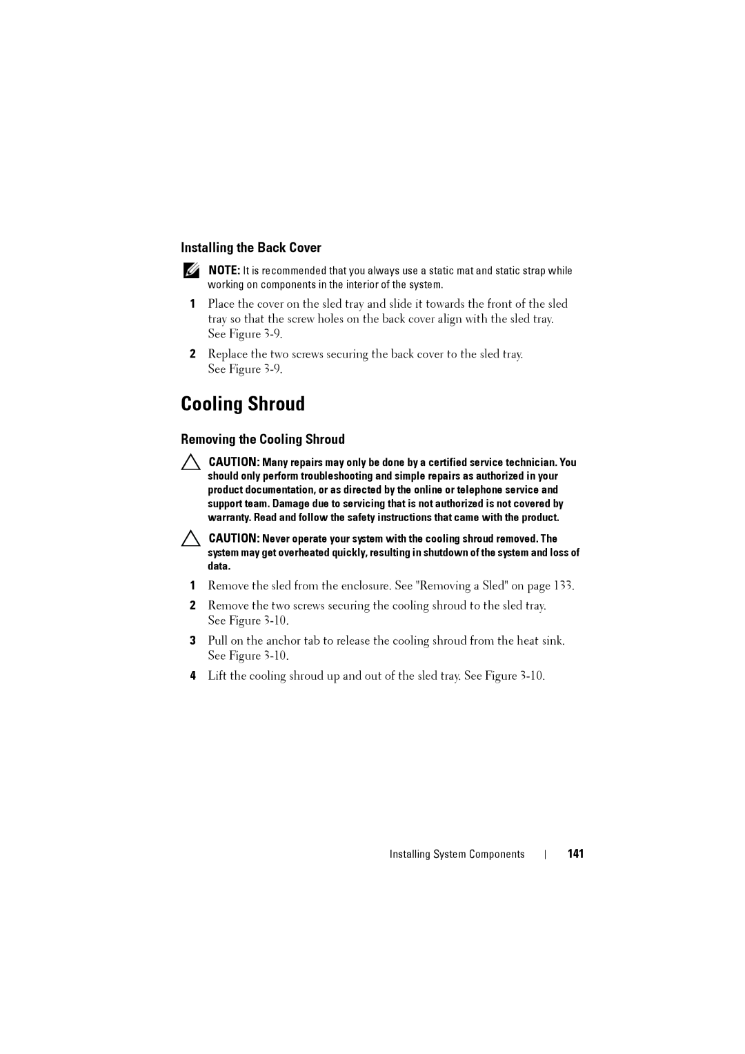 Dell C8220 owner manual Installing the Back Cover, Removing the Cooling Shroud, 141 