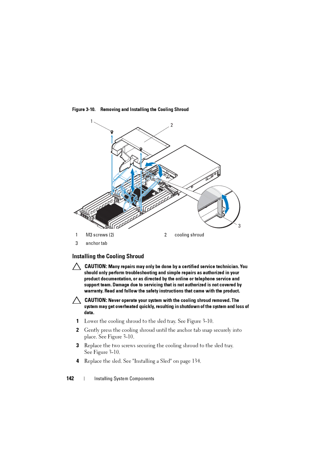 Dell C8220 owner manual Installing the Cooling Shroud, 142 